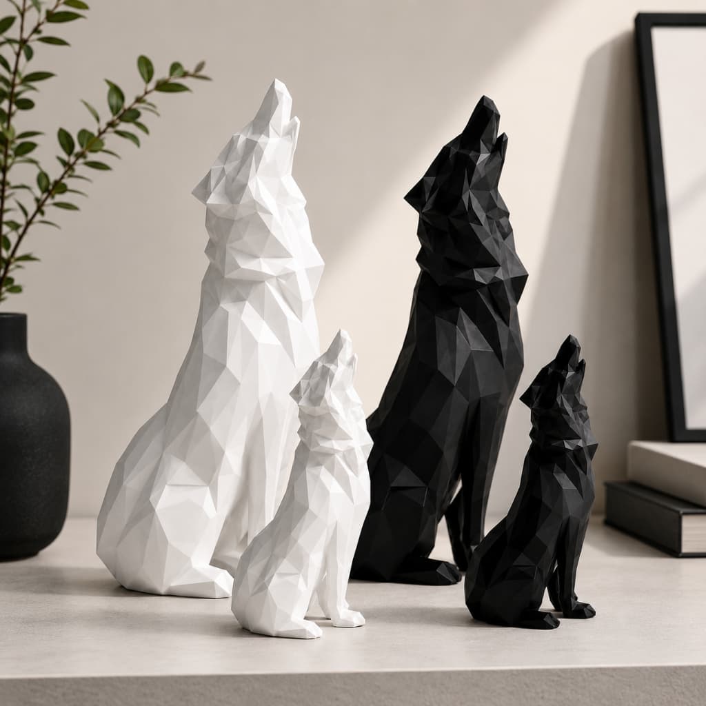 Kit Esculturas Decorativas Lobos Geométricos Low Poly – 4 Peças | Decoração Moderna