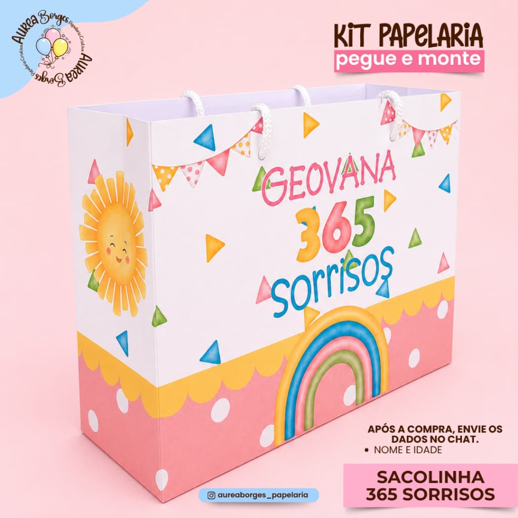 Sacolinha Personalizada 365 Sorrisos Papel Offset 180g 15x19,5x7cm Festa Aniversario