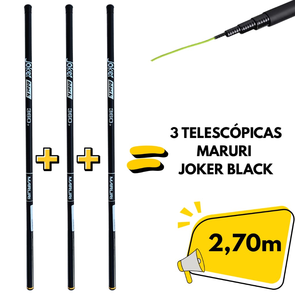 kit 3 Varas Telescópicas Lisa 2,70m Maruri Joker Black Fibra de Vidro Resistente 6 gomos 61g Vara de Mão Ultralight