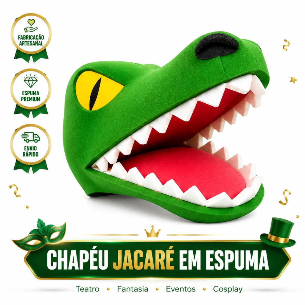 Chapéu Fantasia Jacaré Crocodilo em Espuma Premium Infantil Adulto Tamanho Único Carnaval Festa Cosplay Evento Teatro