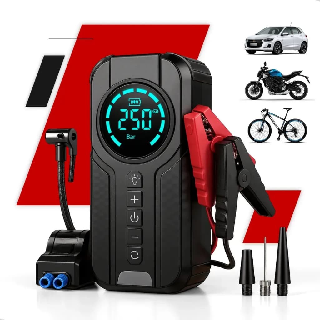 Auxiliar de Partida com Compressor de Ar Veicular Cabo de Chupeta Portátil Encher Pneus Bola Moto Carro