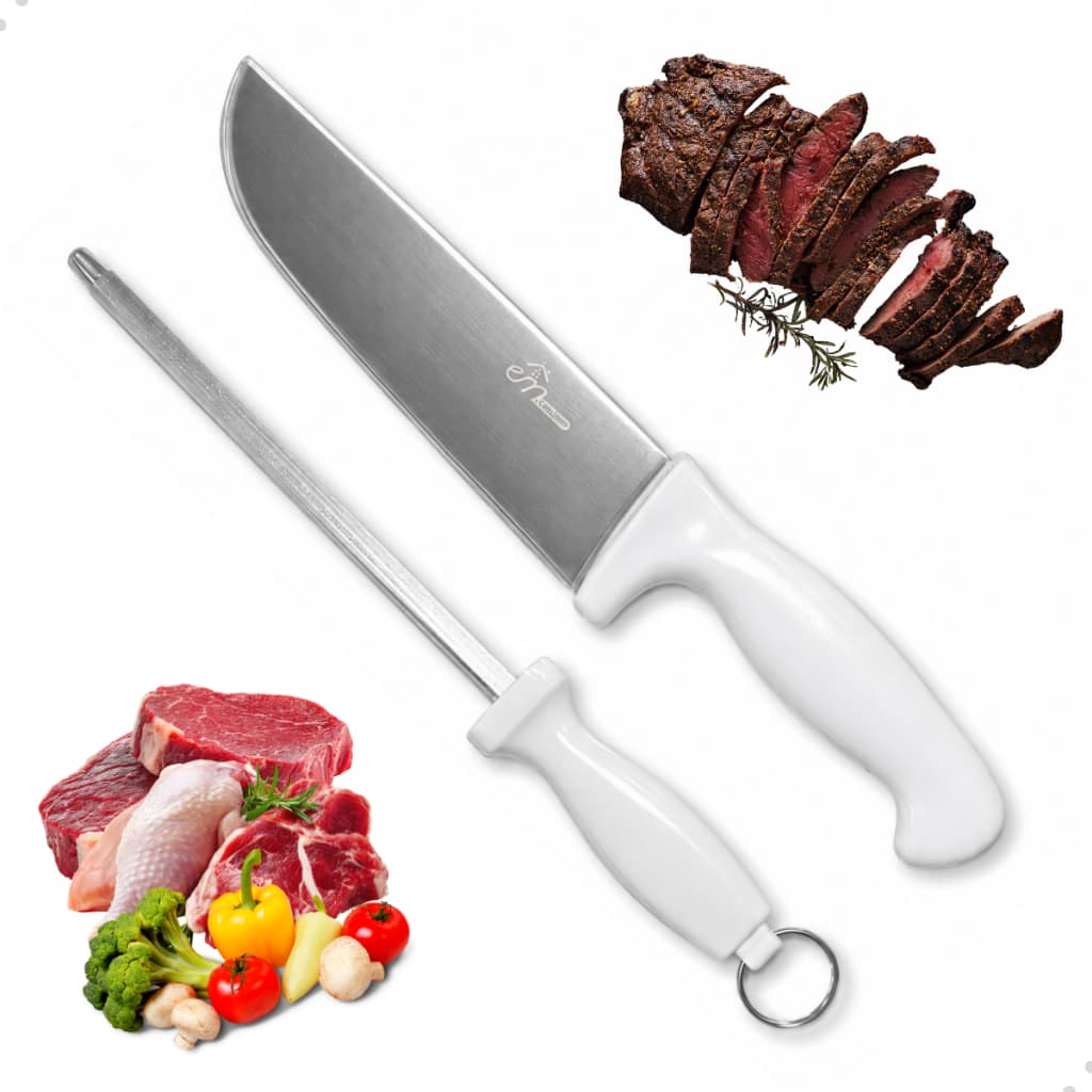 Kit Churrasco Faca E Afiador Aço Inox Chef Amolador Premium Chaira Fuzil Branco Tesoura Fio Lâmina