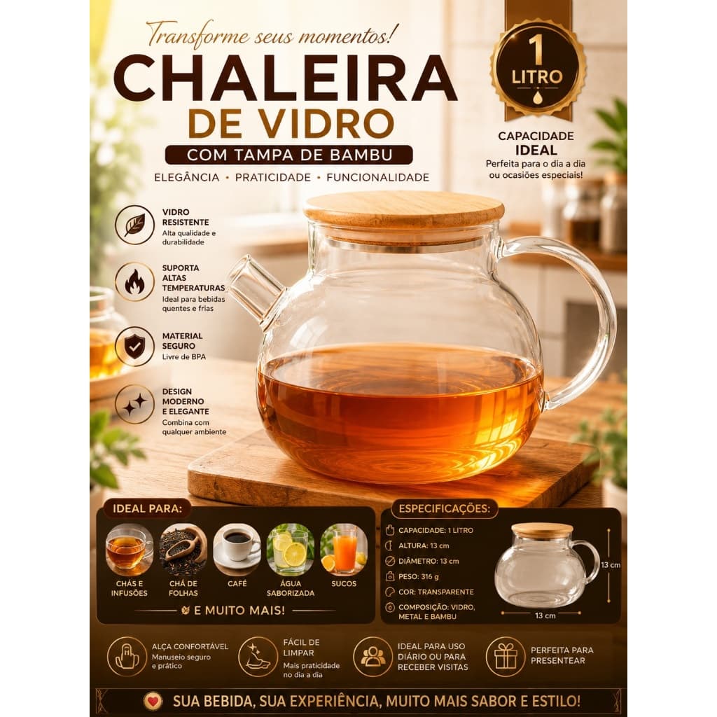 Chaleira de Vidro 1L Tampa Bambu Filtro Interno para Chá Café Bebidas Quentes e Frias
