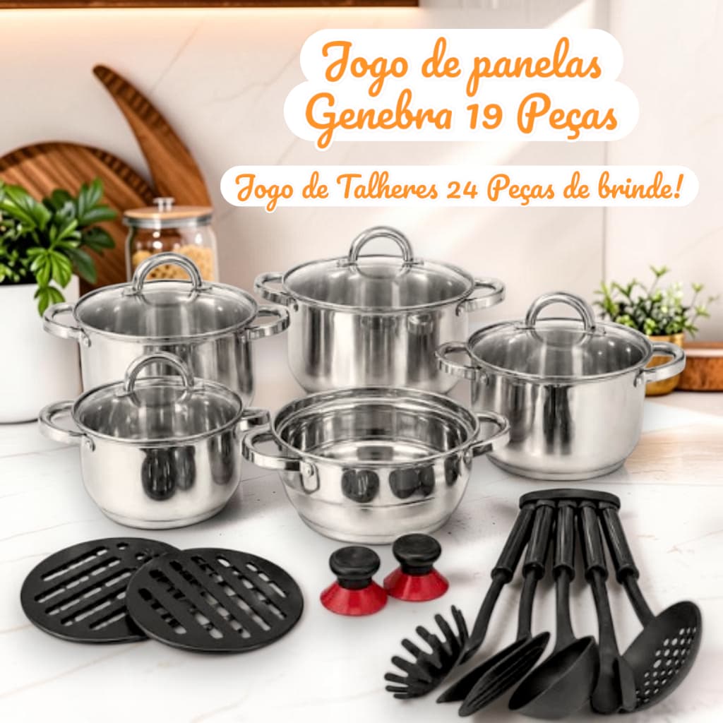 Jogo de Panelas Genebra Kit 19 Peças de Aço Inoxidável Fundo Triplo Indução ou Gás + Acessórios + Brinde