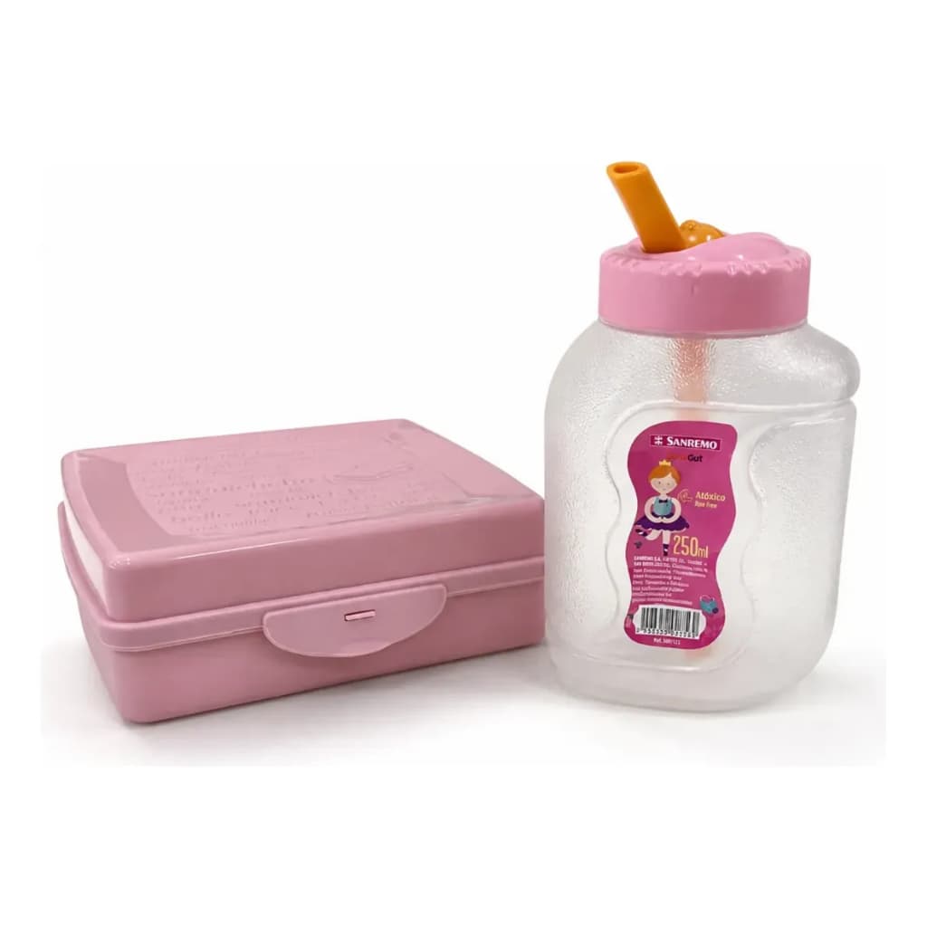 Kit Infantil Lancheira E Garrafa Com Bico 500ml Portátil Escolar Cores Rosa e Azul Sanremo