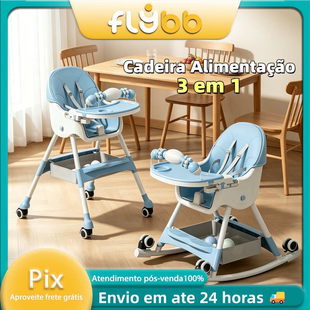 Cadeira de Alimentação Dobrável Multifuncional 3 em 1 Cadeira Balanço com Rodas