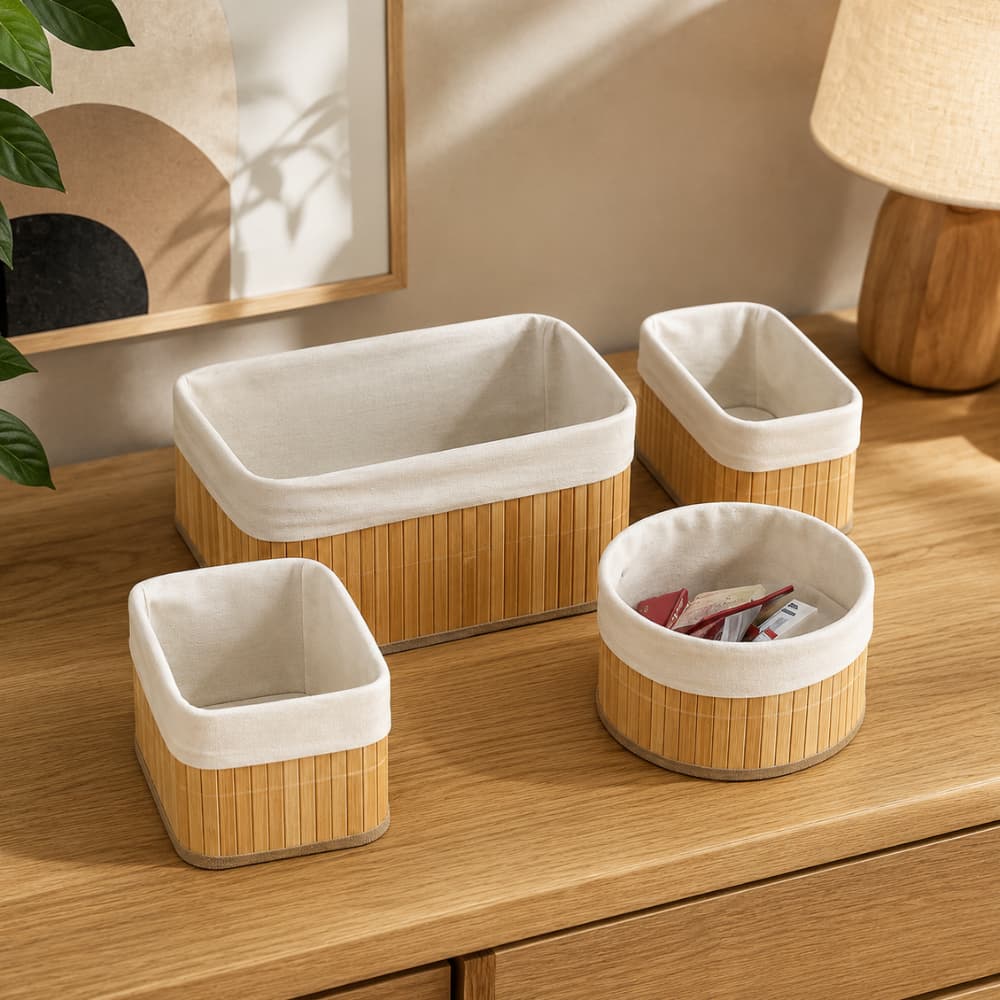 Conjunto Quatro Cestos Organizadores Multiuso Bambu Natural Duravel Decorativo