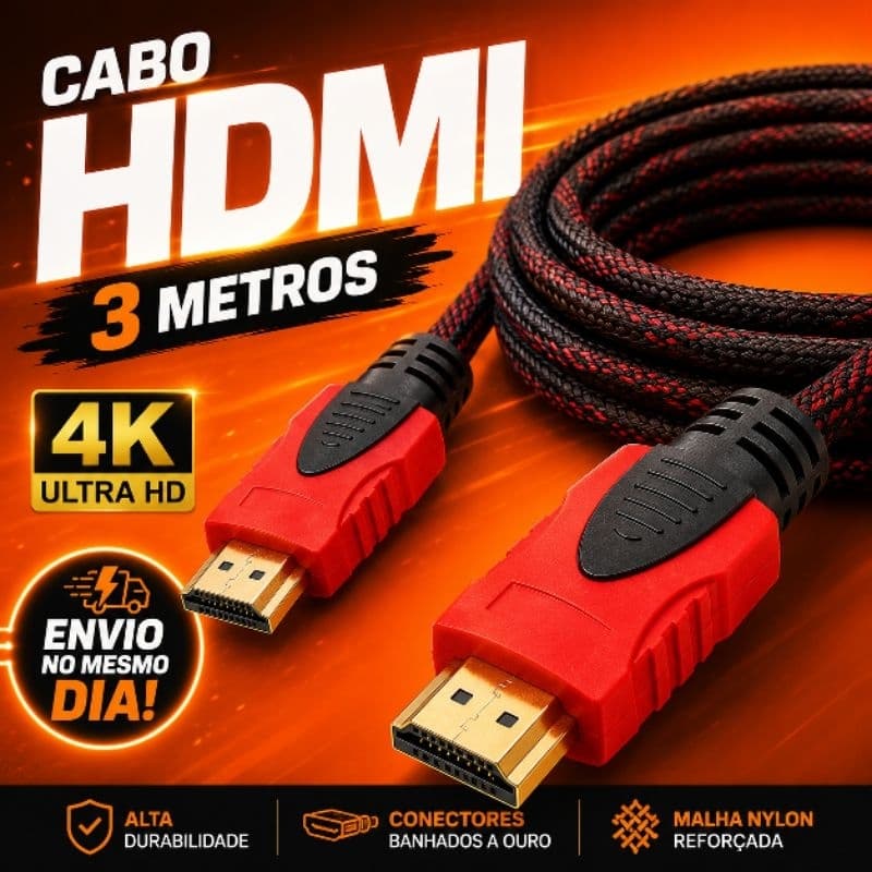 Cabo HDMI 3M Trançado Resistente HD 4K Video Game TV
