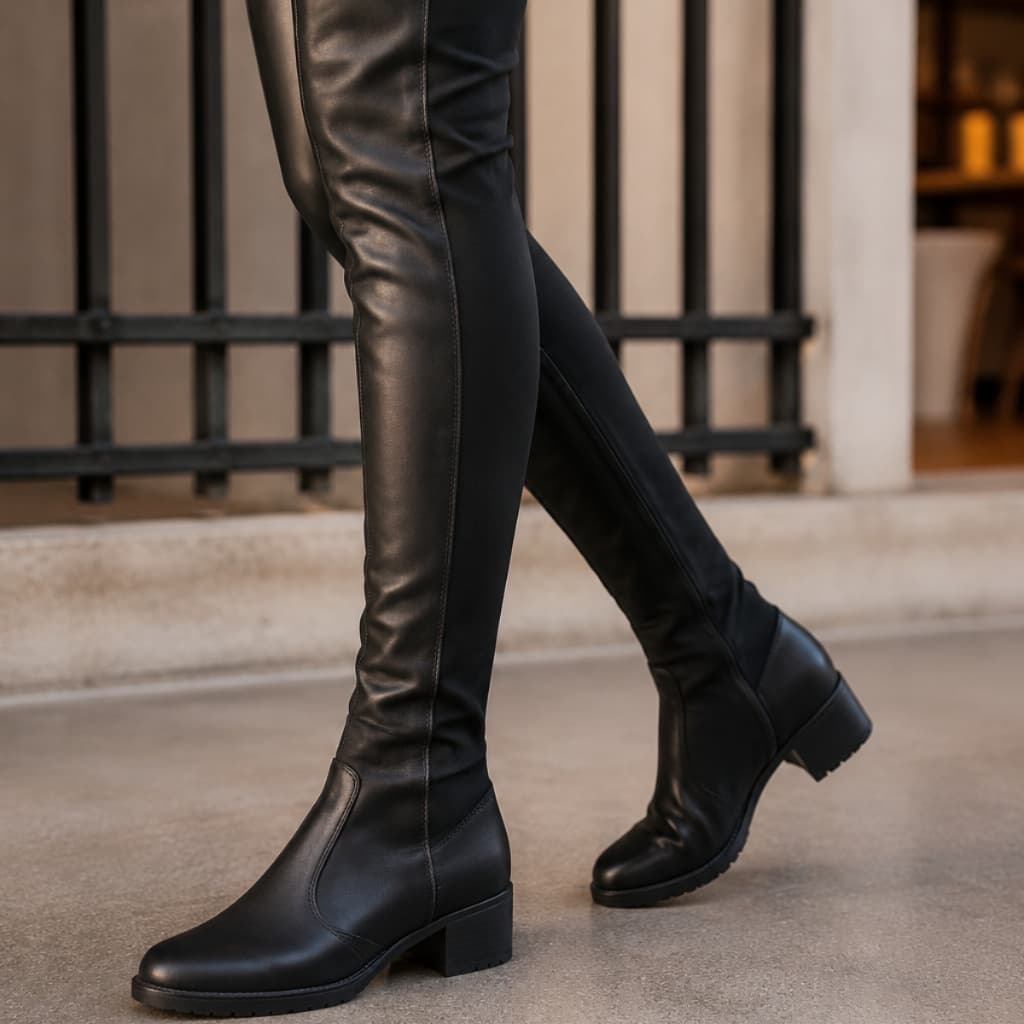 Bota Over Feminina Mississipi Preta Cano Alto Salto Bloco Tamanho Médio Conforto Inverno