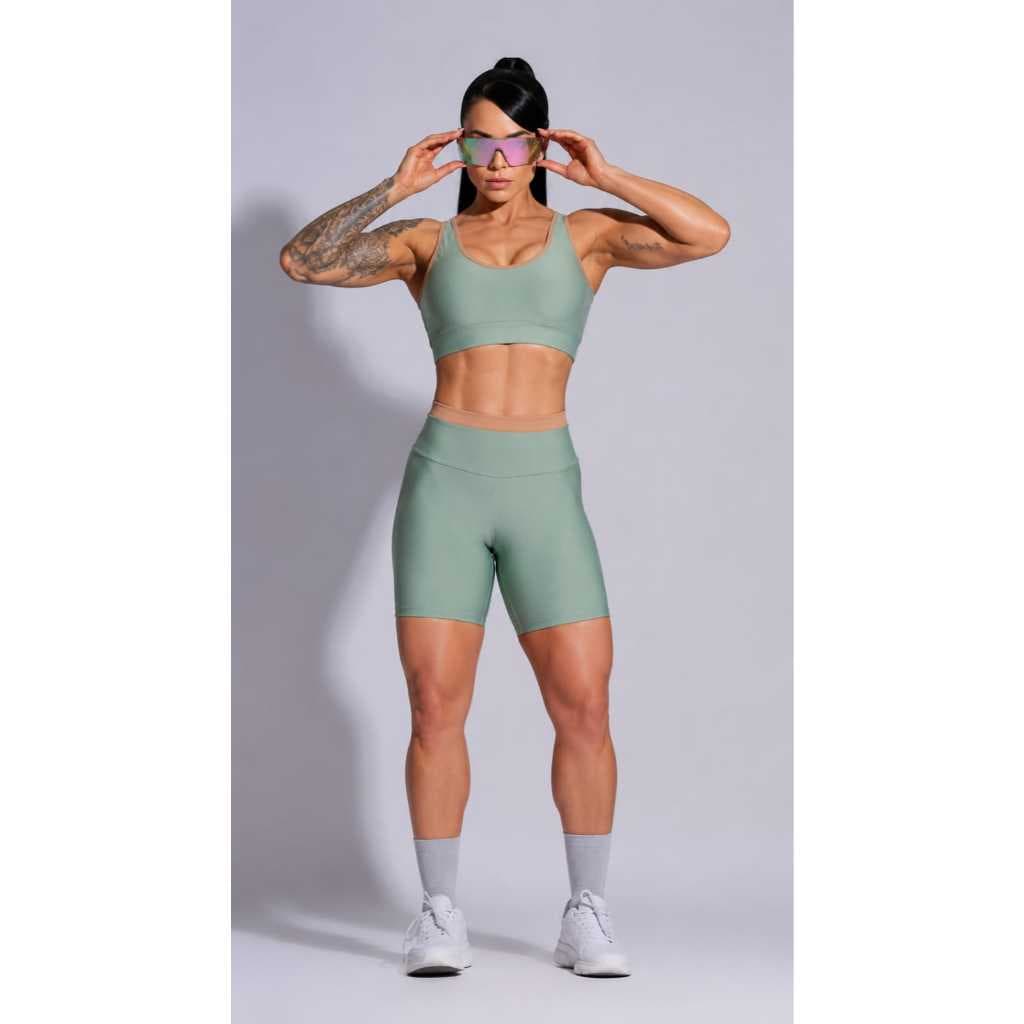 Conjunto Fitness Feminino Top Alça Larga + Bermuda Cintura Alta Verde Sálvia Premium