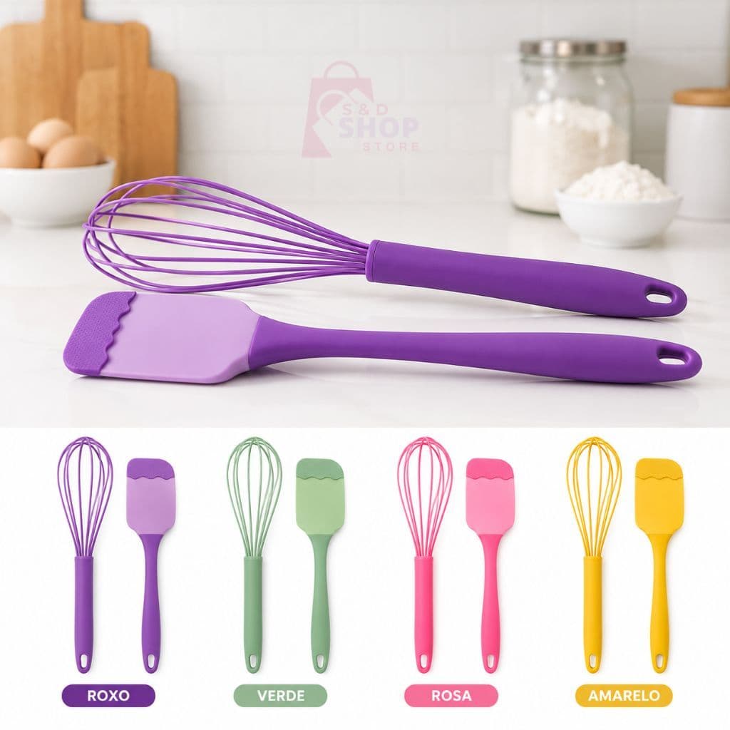 Kit Pão Duro Espátula Silicone e Fouet para Bolos Massas Doces Cozinha - Confeitaria
