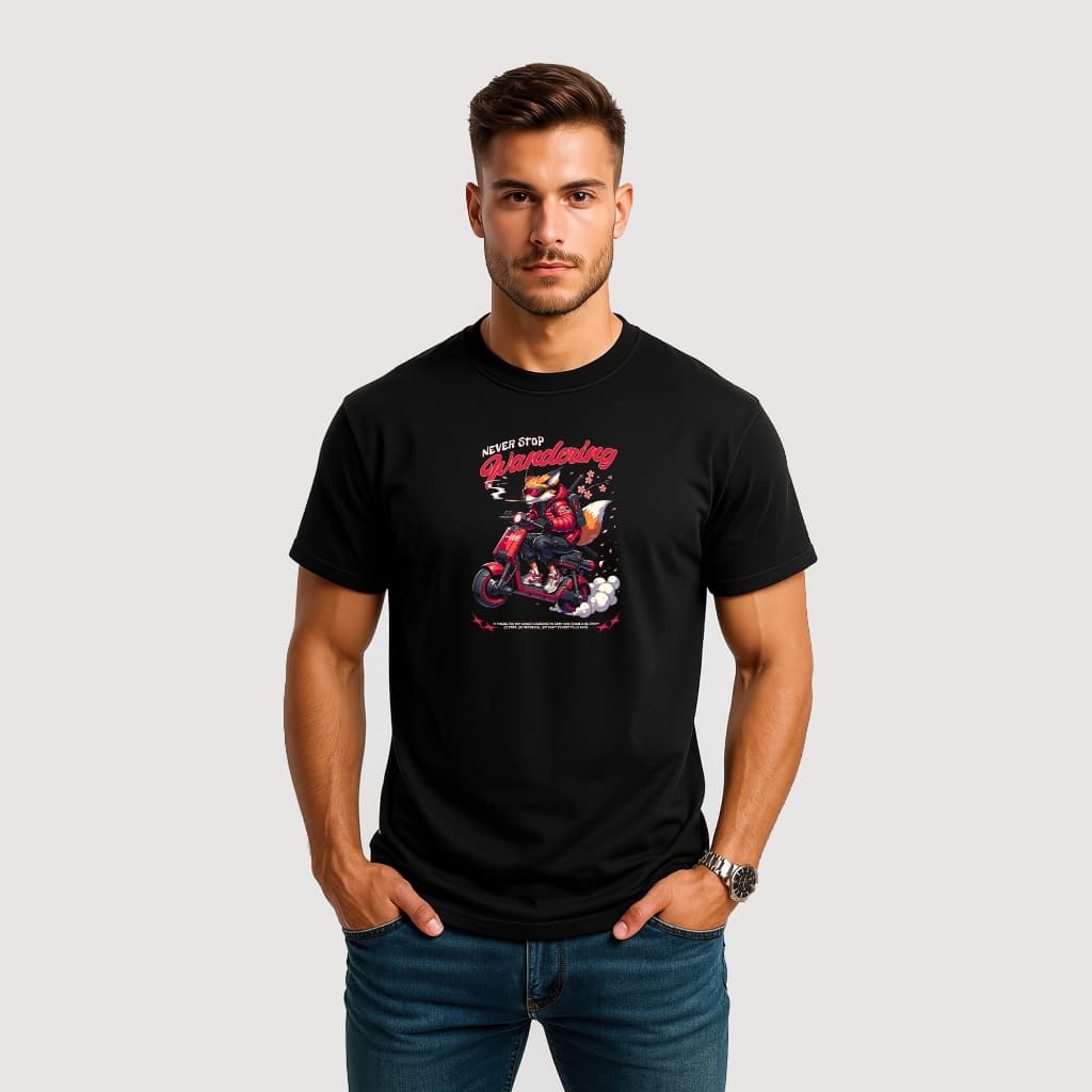 CAMISETA MASCULINA ALGODÃO RAPOSA MOTO VERMELHA JAQUETA OCULOS FUTURISTA FLORES