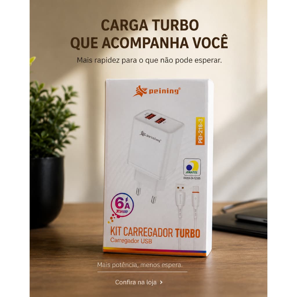 Carregador Turbo 6A Peining® USB-C Homologado Anatel | 2 Portas USB | Carga Rápida | Cabo USB-C Incluso |PEI-218-3