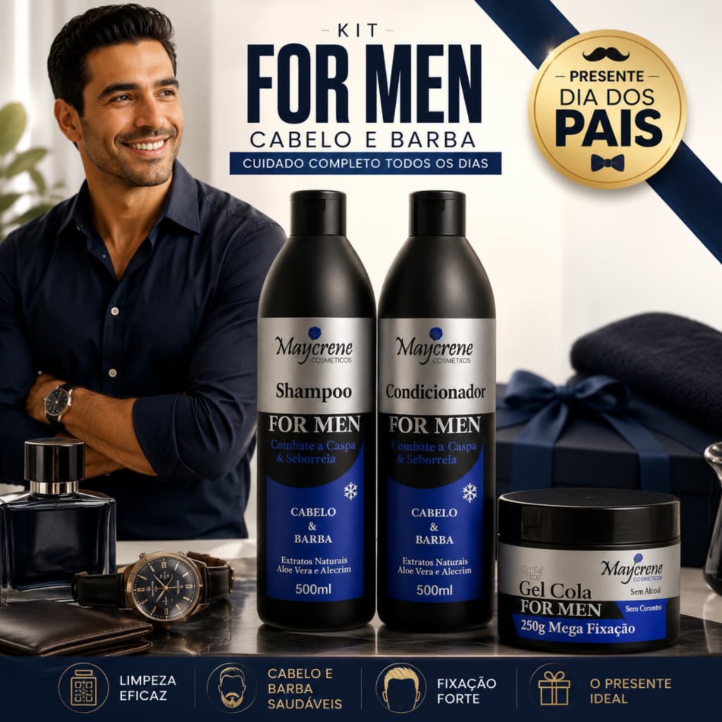 Kit Masculino For Men Cabelo e Barba | Shampoo + Condicionador + Gel Cola | Presente Dia dos Pais