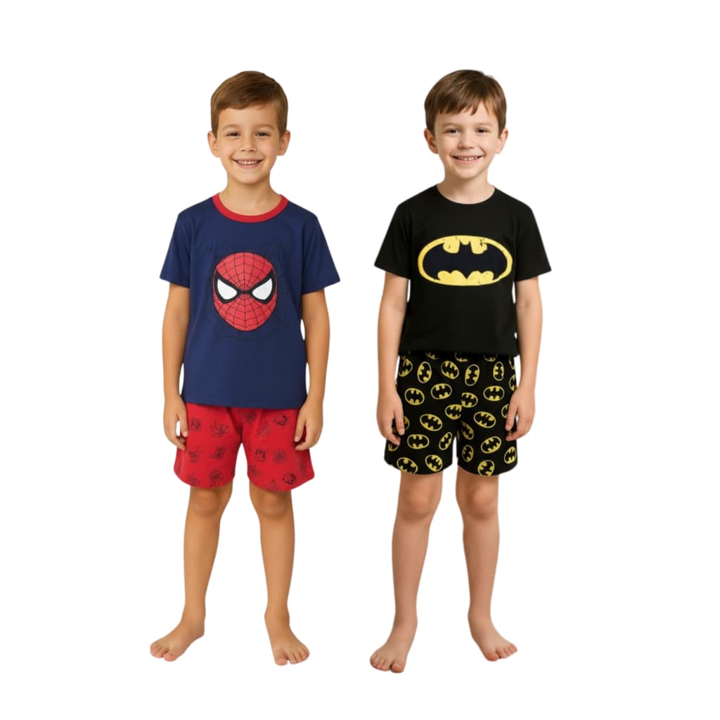 Kit 2 Pijamas Infantil Menino Verão Super Heróis Manga Curta e Short Malha Confortável Promoção