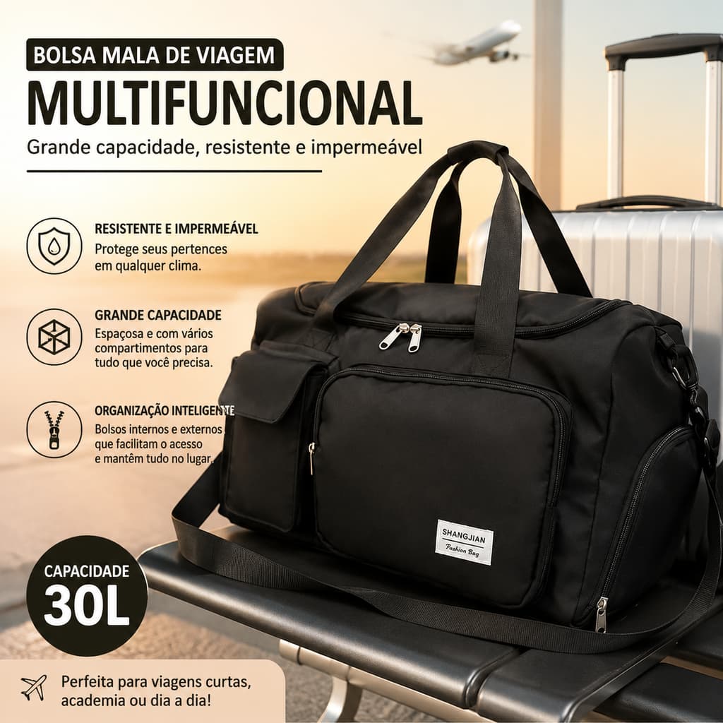 Bolsa de Viagem Multiuso com Múltiplos Bolsos, Bolsa Esportiva Impermeável com Alça Transversal Ajustável