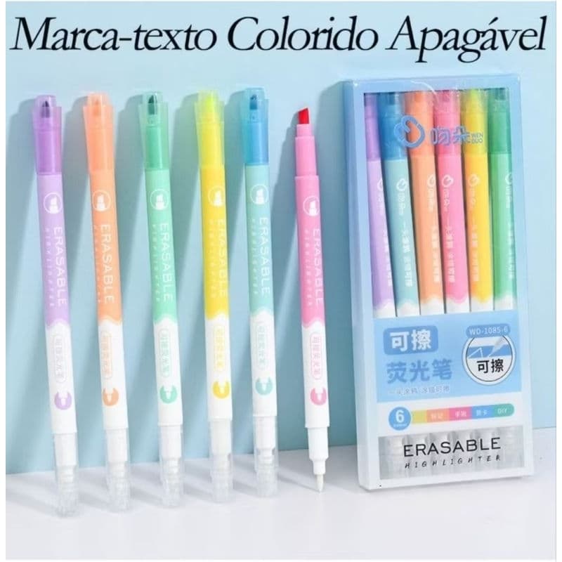 KIT 06 MARCA TEXTO APAGAVEIS ERASABLE| MATERIAL ESCOLAR INFANTIL| KIT ESCOLAR| PRESENTES CRIATIVOS|
