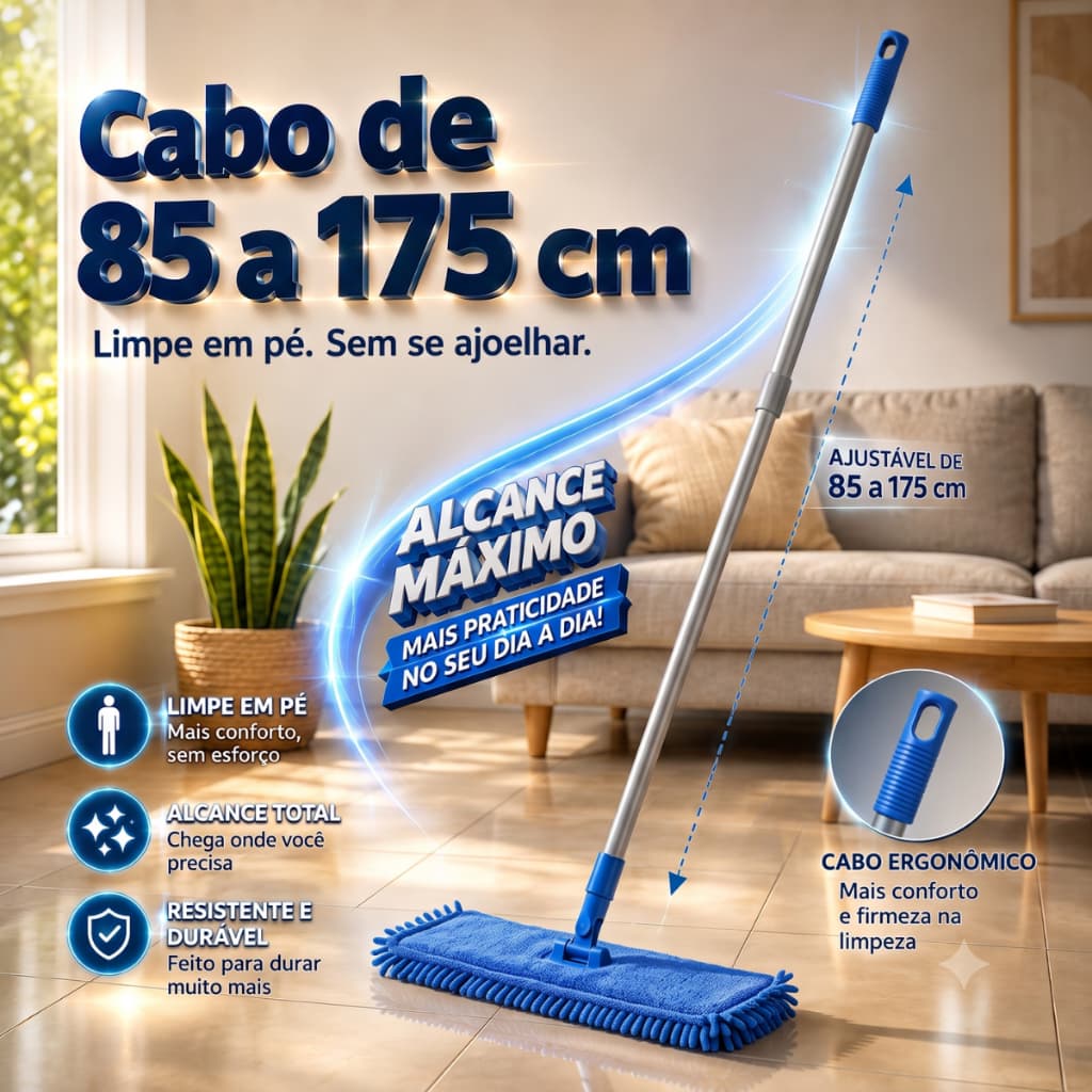 Esfregão Flat Haste Flexível Cabo Extensível Limpeza Geral Azul