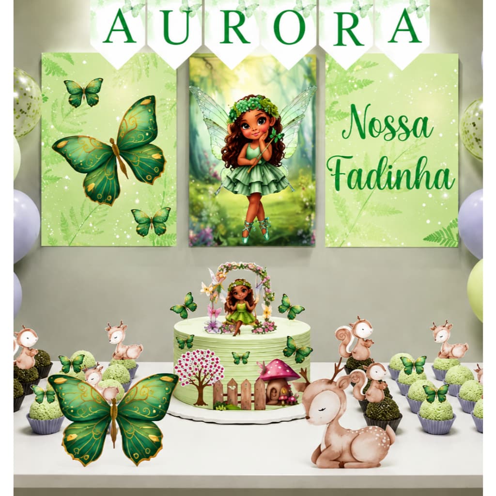 KIT FESTA Fada verde balanco Borboletas Personalizado | ENVIAR NOME E IDADE  | TOPO BOLO E DOCE+BANDEIROLA+POSTERS+DISPL