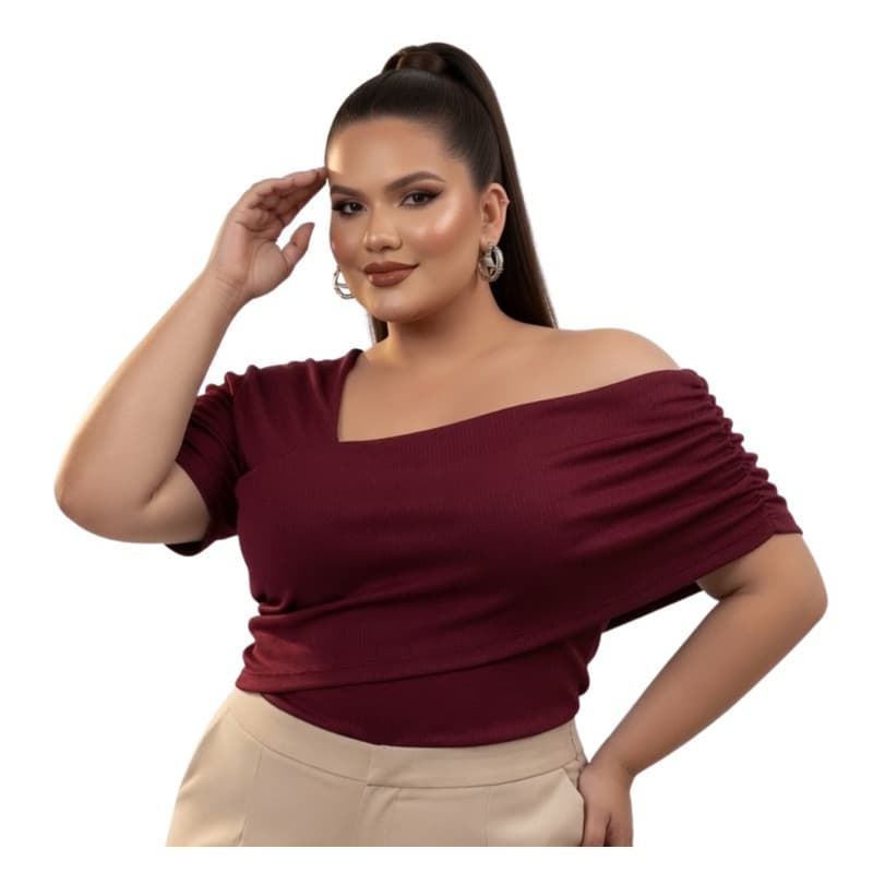 Blusa Plusize Feminina Transpassada Decote Ombro a Ombro Elegante Estilosa Blusinha Blogueira