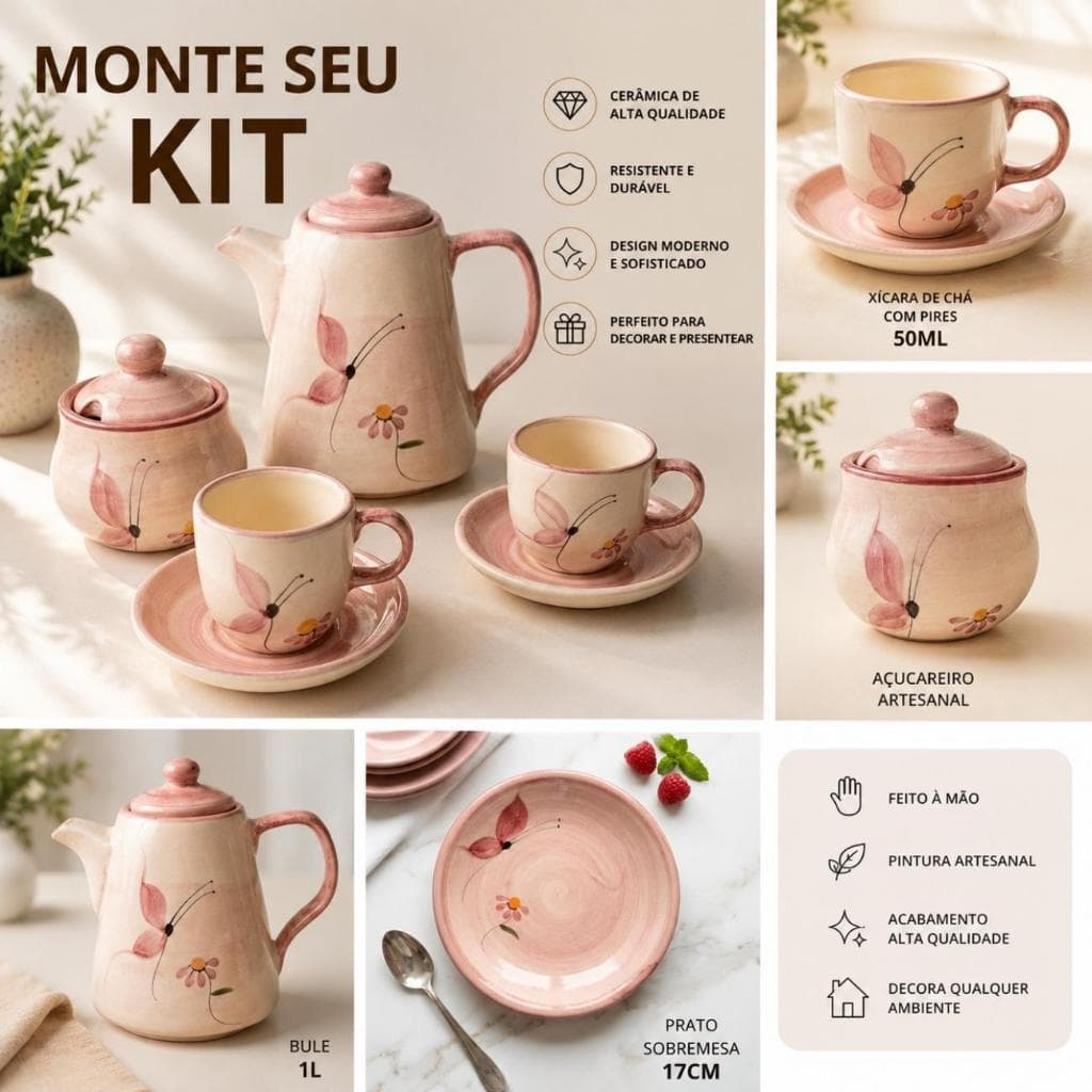 Monte Seu Jogo de Xícara Café Completo Cerâmica Rosa Floral  Bule  Açucareiro Xícaras com Pires Jogo Elegante