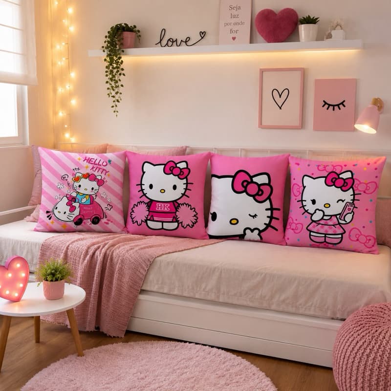 KIT 4 CAPAS DE ALMOFADAS HELLO KITTY DELICADO    TAMANHO 45X45