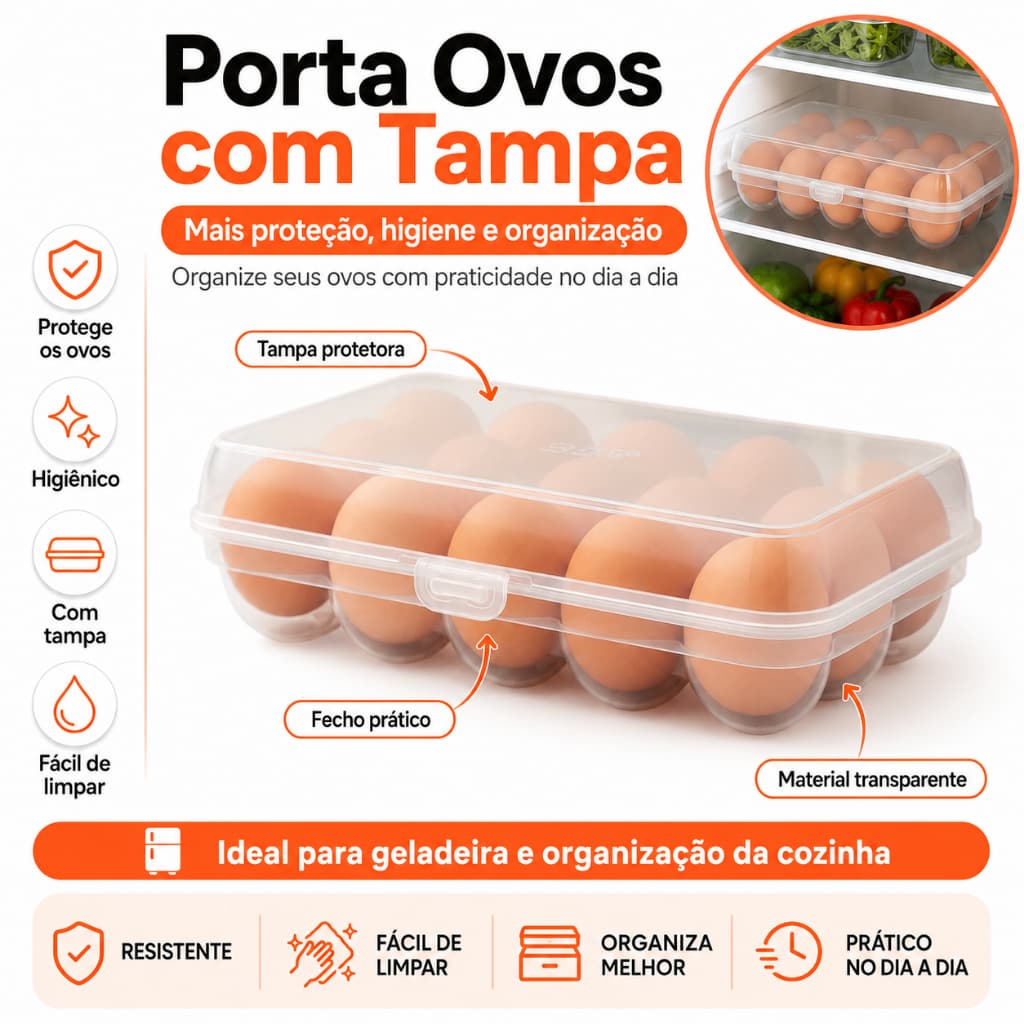 Porta Ovos com Tampa para Geladeira | Organizador de Ovos Plástico Resistente | Pronta Entrega