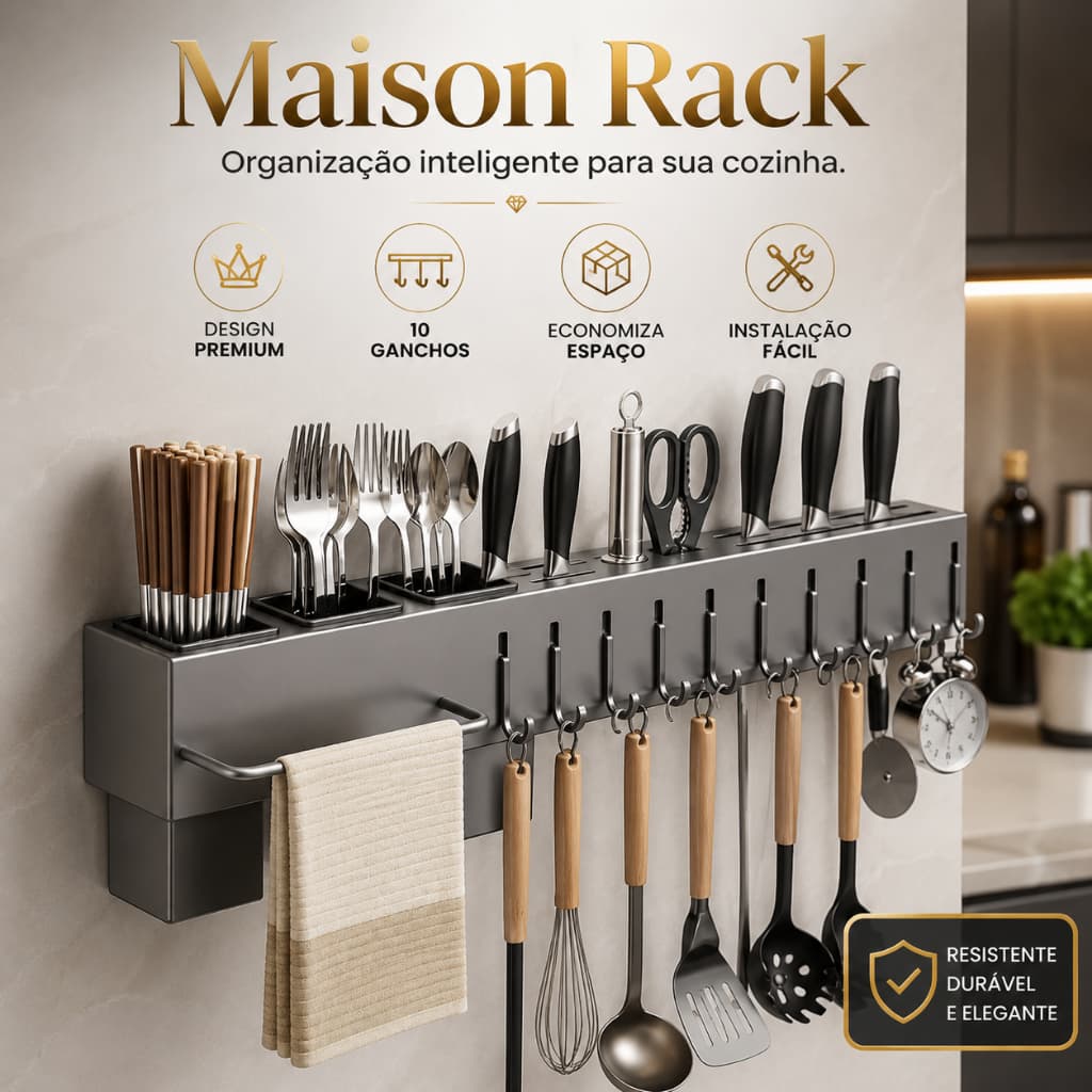 Suporte Organizador Utensílios Cozinha 10 Ganchos Parede Porta Facas Escorredor Maison Rack Cinza