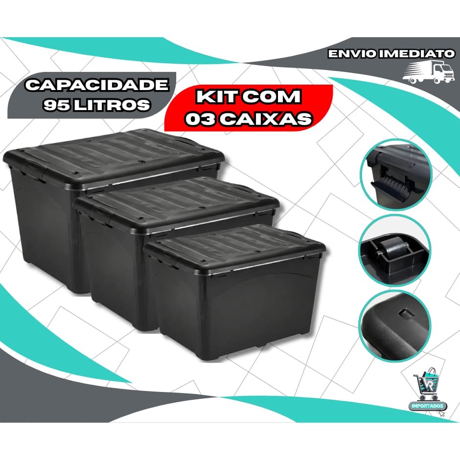Kit 03 Caixas Organizadoras Grande 95 Litros Preta Tampa Trava Rodinha Transporte Empalhável HeavyBox Reforçada