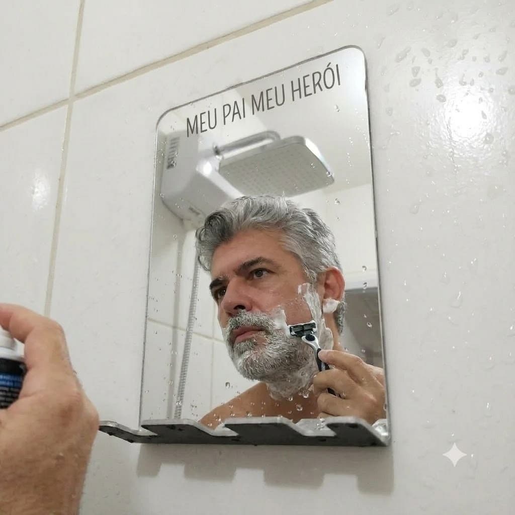 Espelho Box Frase Meu Pai Meu Heroi Suporte Barbeador Lamina Anti Embacante Kit Presente Dia Pais