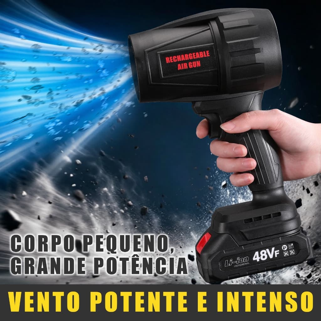 Soprador Tufão 48V estrutura em metal e plástico, alta vazão, acompanha baterias, carregador e maleta organizadora