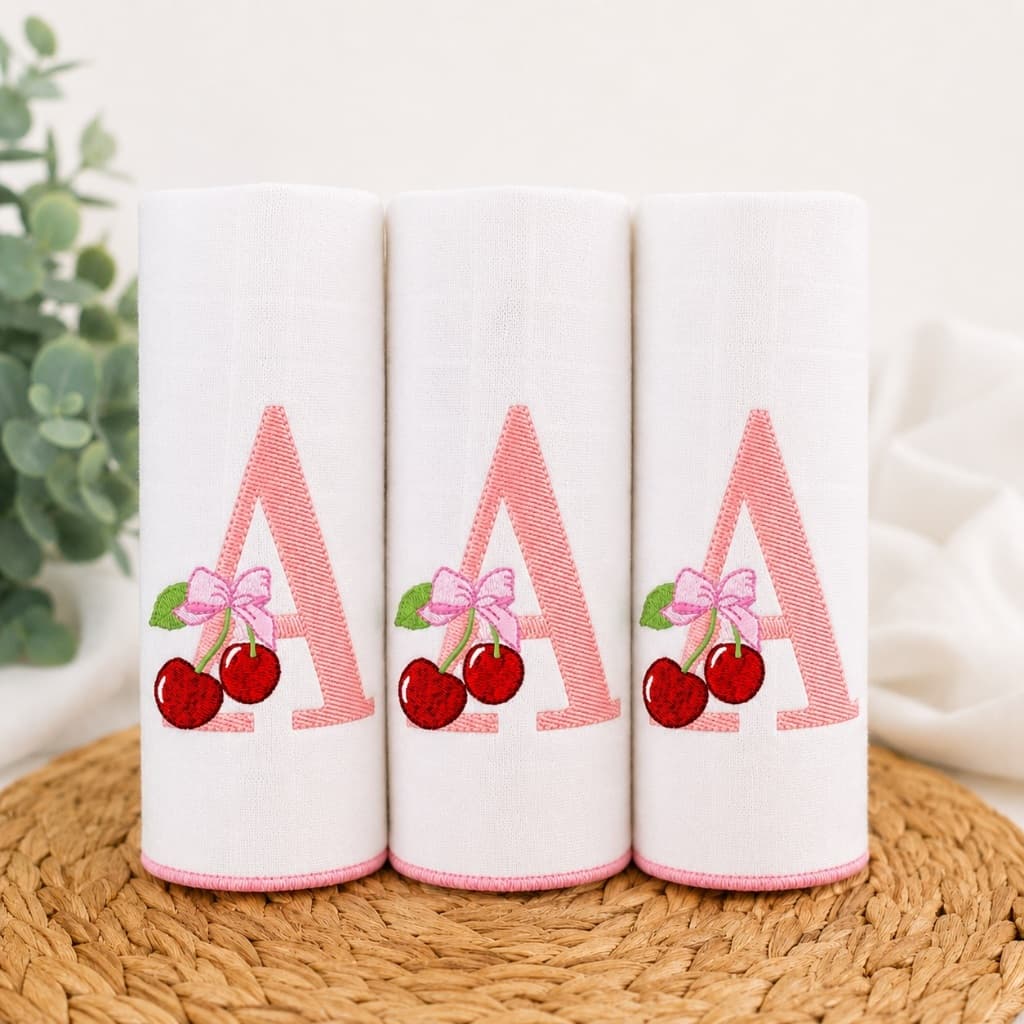 Kit 3 Fraldas de Boca Bordadas Cerejinha toalha Fralda Personalizadas com Inicial do Bebê