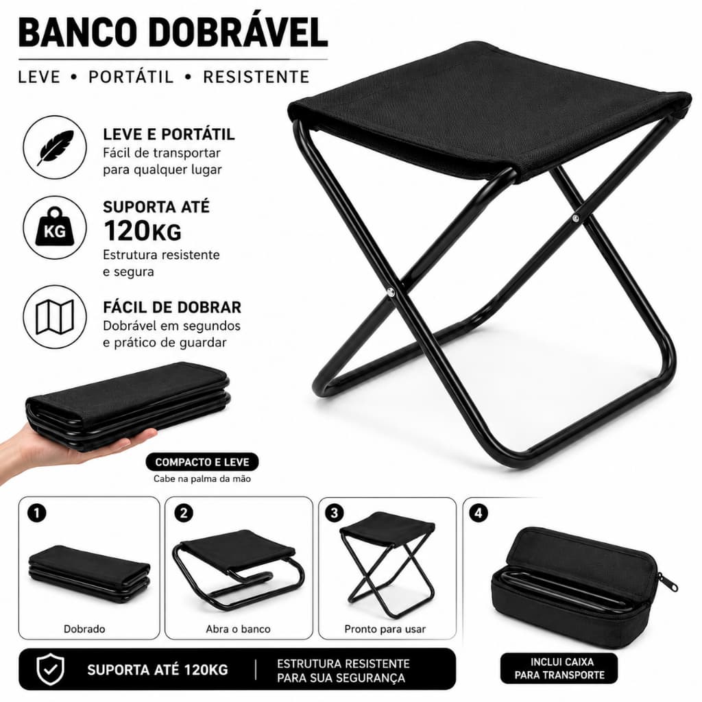 Banqueta Banquinho Dobrável Portátil Alumínio Camping C/ Bolsa Ziper Até 120kg