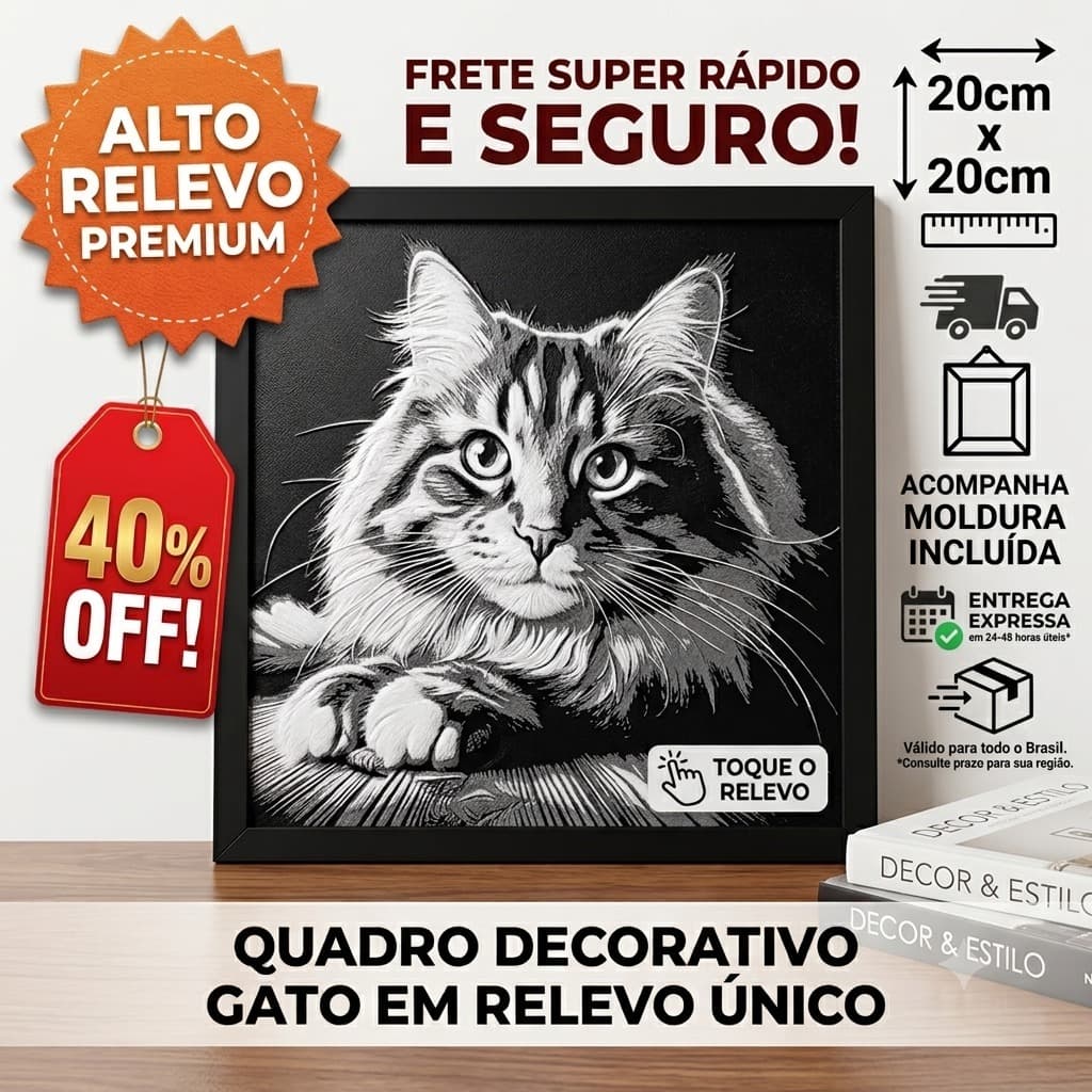 Quadro Decorativo Gato em Alto Relevo 20x20cm com Moldura – Arte Moderna Preto e Branco para Sala, Quarto e Escritório