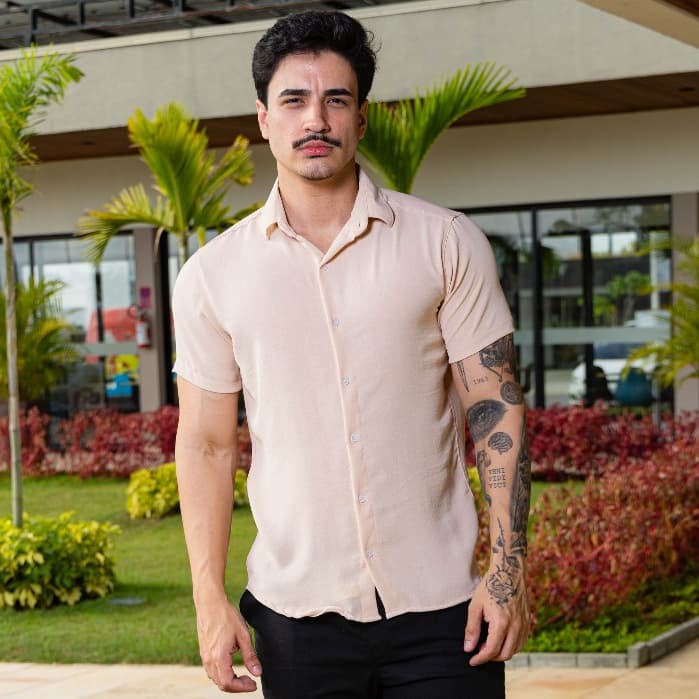 Camisa Social Masculina Manga Curta Slim Fit Texturizada Leve