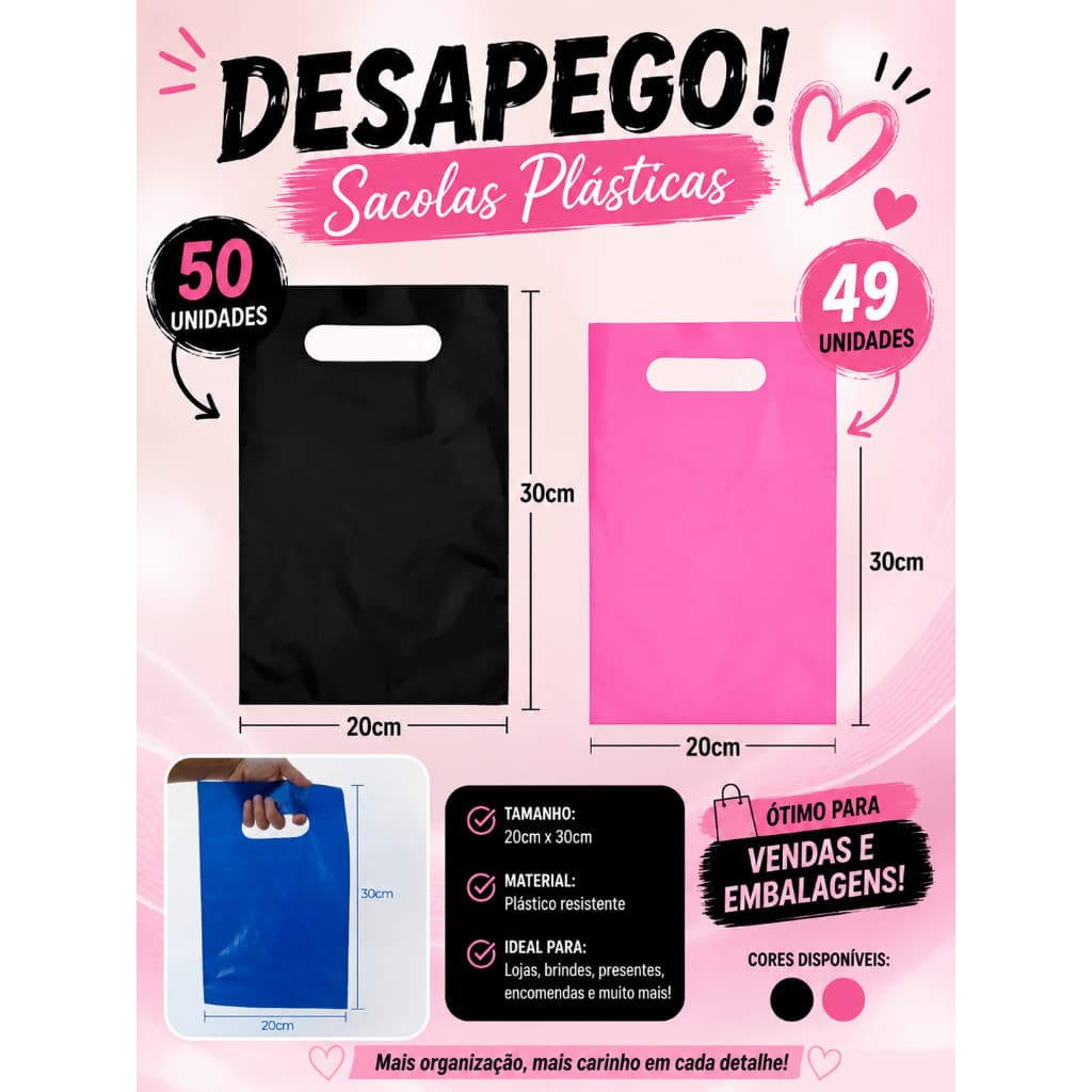 Sacola Plástica Alça Vazada 20x30cm Preta e Rosa | Desapego de Estoque | Nova