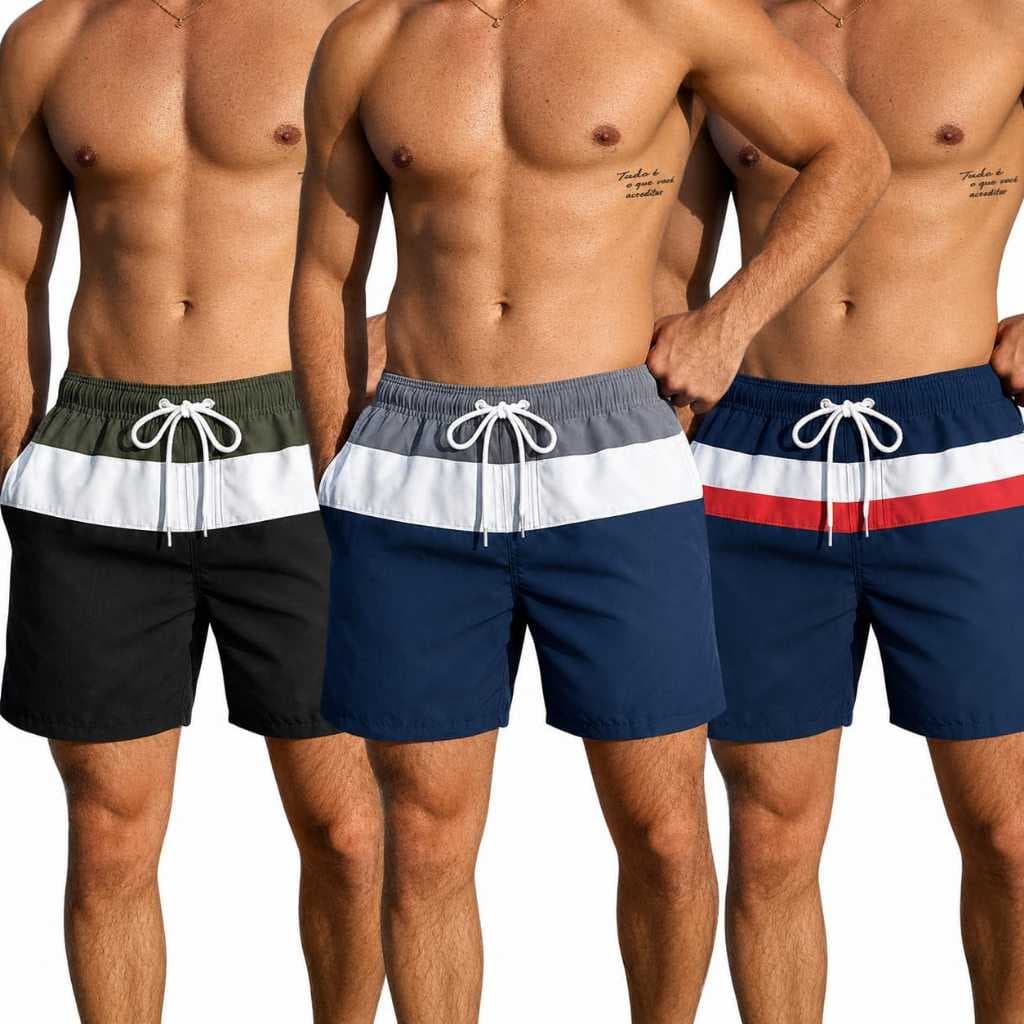 Kit 3 Short Bermuda Corrida Masculino Academia Treino Grande Listras Praia Tactel Super Confortável Macio