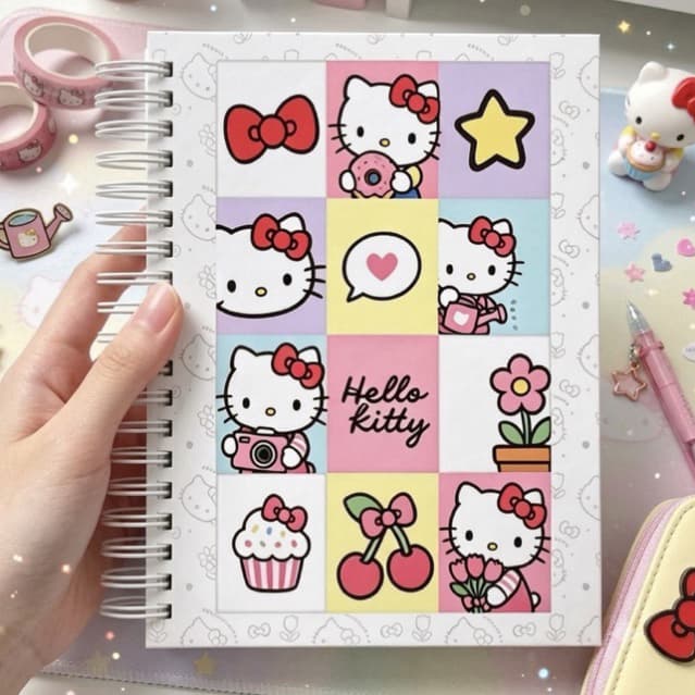 Caderno A5 Personalizado |Capa Dura| Folhas Decoradas Tema Hello Kitty| Papelaria Fofa| Personalizada | Gatinha Fofa