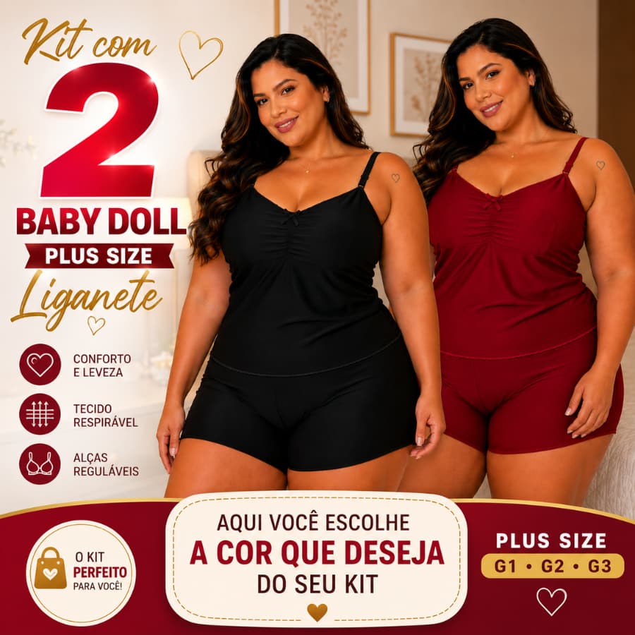 Kit com 2 Baby Doll Short Doll Feminino Plus Size Malha Fria Liganete Liso