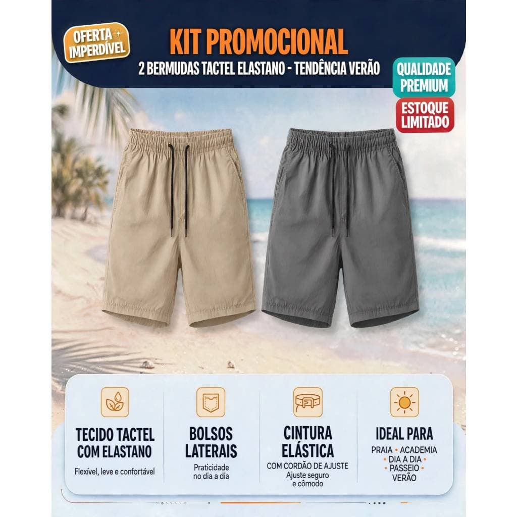Kit 2 Bermudas Masculina Mauricinho Tactel Elastano Lisa Tactel Short Praia