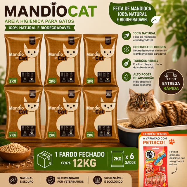 Areia de Gato MandioCat Biodegradável 100% Mandioca Grãos Finos Com Petisco Envio Imediato Full