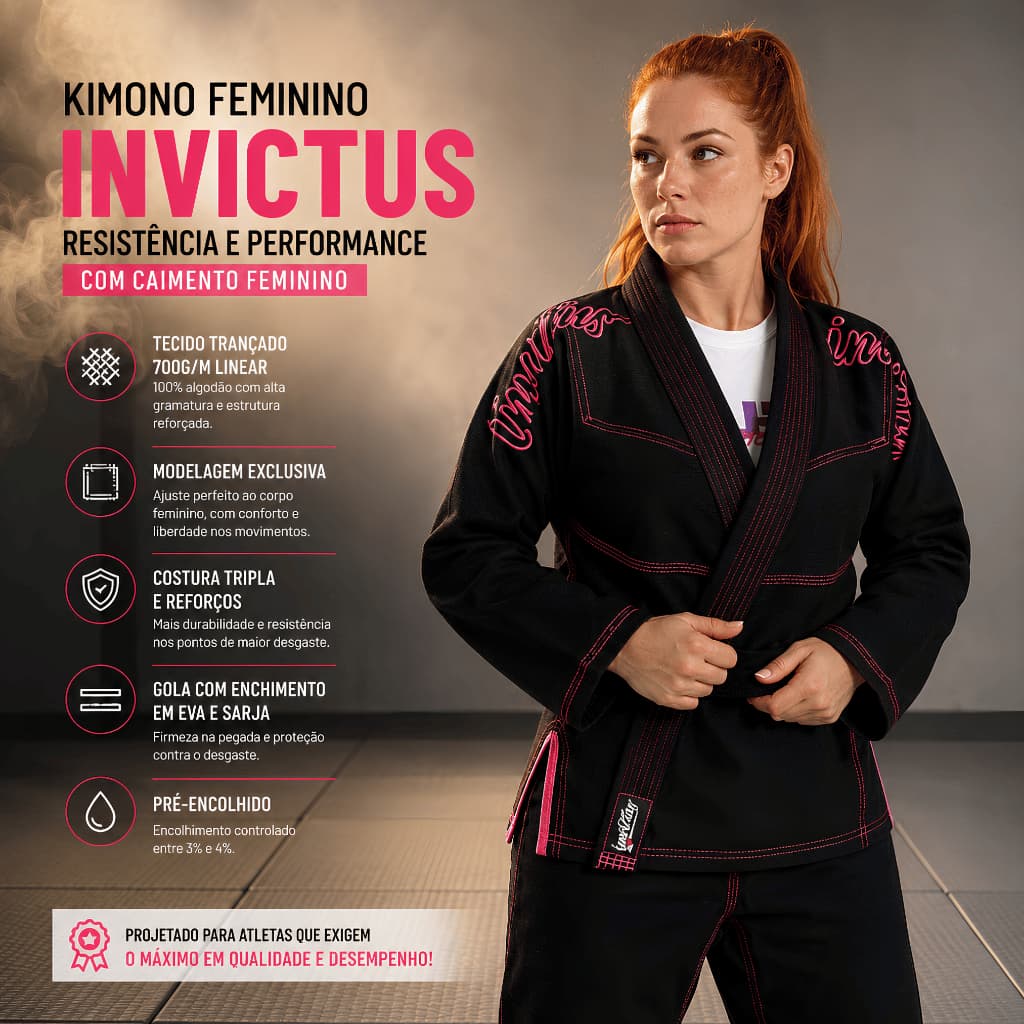 kimono jiu jitsu feminino preto costura rosa | ENVIO IMEDIATO - Invictus