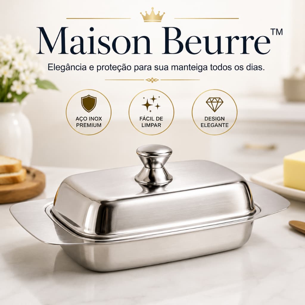 Manteigueira Porta Manteiga Aço Inox com Tampa Maison Beurre™ Premium Organizador de Geladeira Mesa Posta