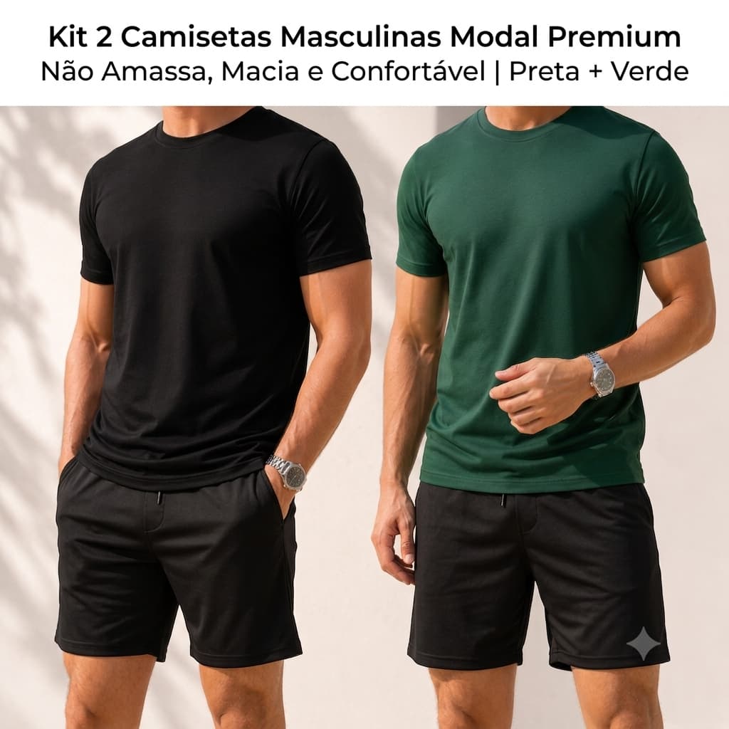 Kit 2 Camisetas Masculinas Modal Premium – Não Amassa, Macia e Confortável | Preta + Verde