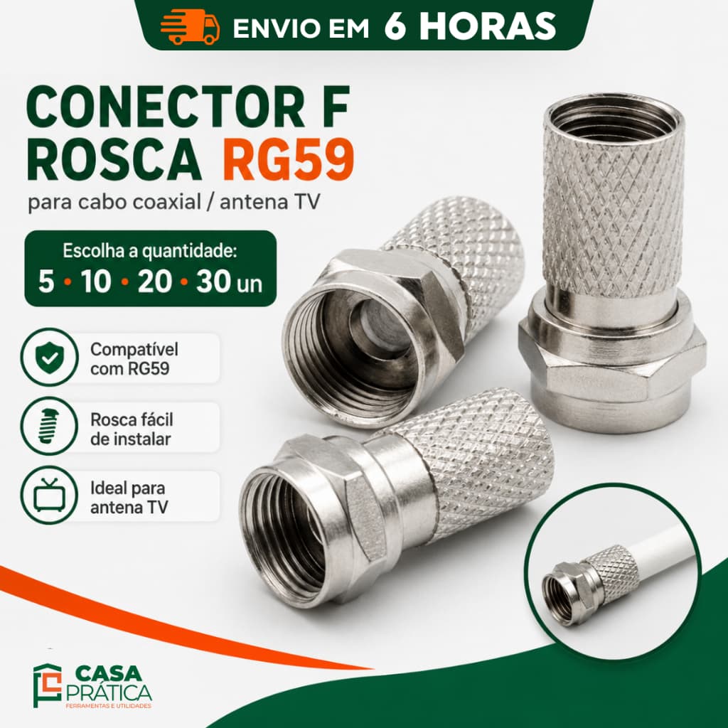 Conector F Rosca RG59 Cabo Coaxial Antena TV Digital Analogica CFTV UHF Ponta 5un 10un 20un 30un