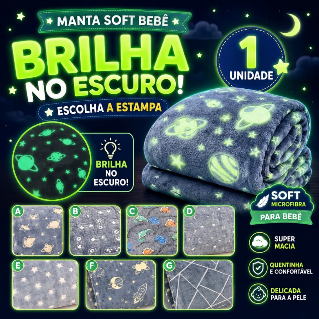 Manta Infantil Brilha No Escuro Felpuda 1m x 75cm