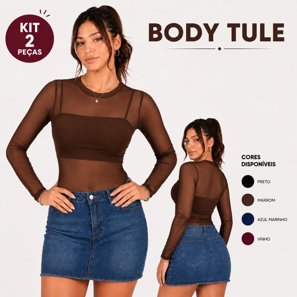 Kit 2 Body Tule Transparente Manga Longa Feminino Elegante Gola Alta Segunda Pele Moda Inverno