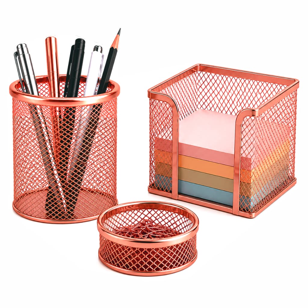 Kit 3 Organizador Rosê Gold Porta Caneta Lápis Clips Lembrete Cartão Post It