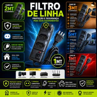 Filtro de Linha  3 Tomadas, Protetor de Energia 10a Bivolt Preto Fusível Tripolar Cabos de 1 a 5 MTS