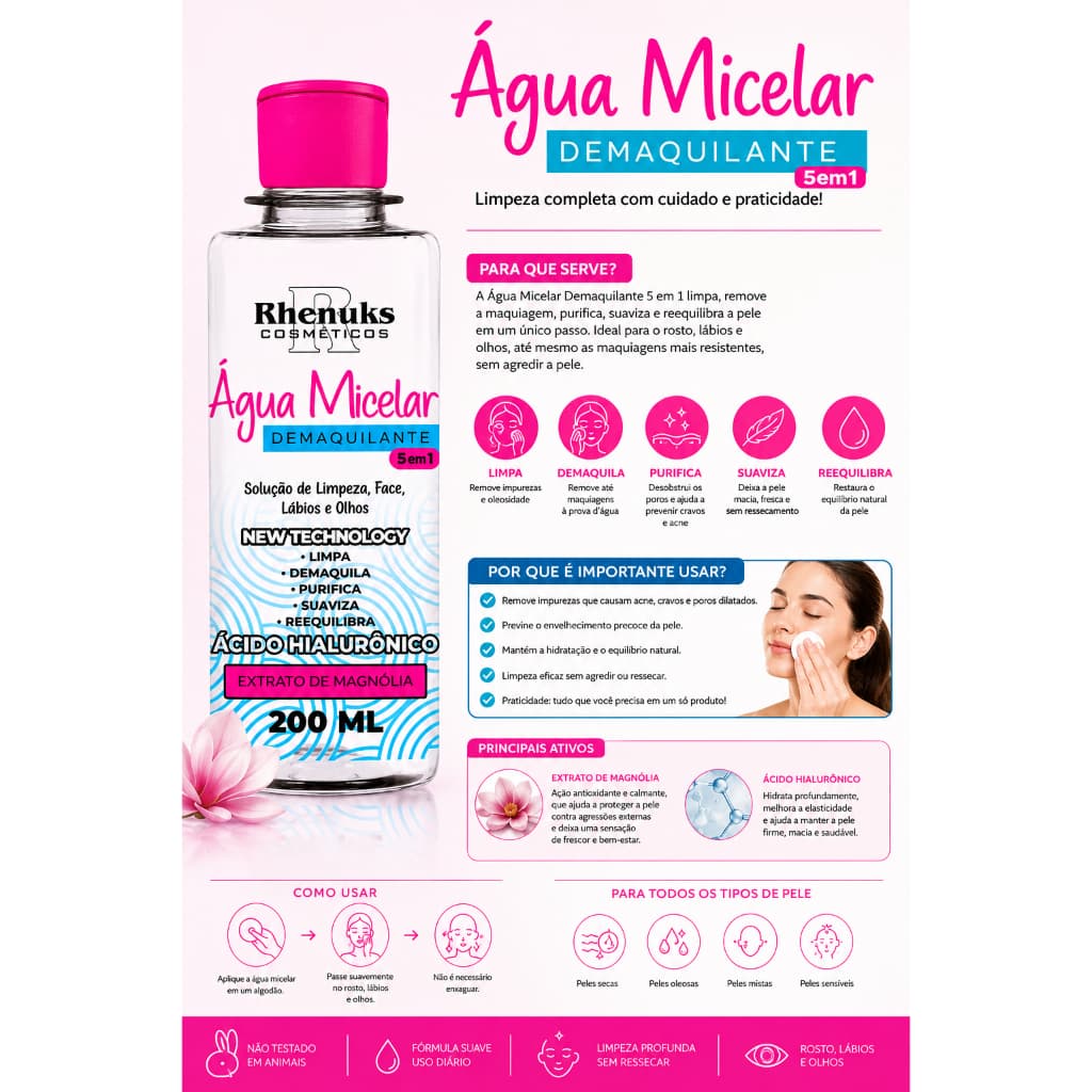 Água Micelar Demaquilante 5 em 1 Rhenuks Cosméticos 200ml